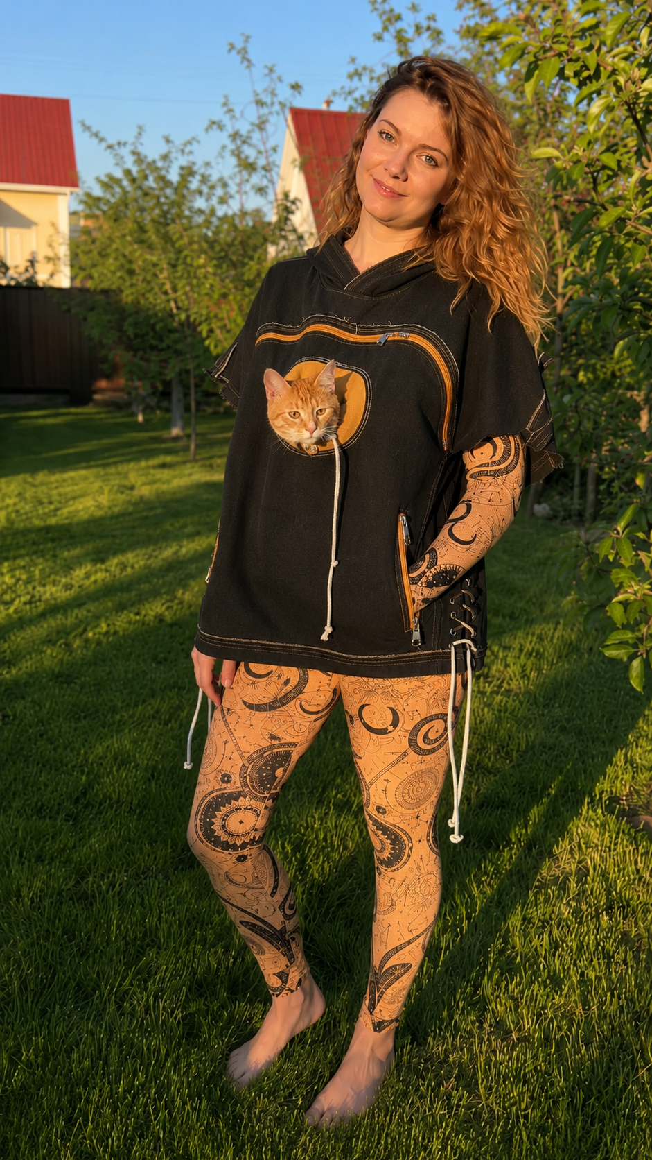 Cat Pocket Denim Hoodie & Printed Leggings Set