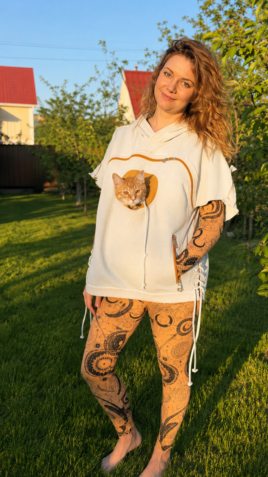 Cat Pocket Denim Hoodie & Printed Leggings Set