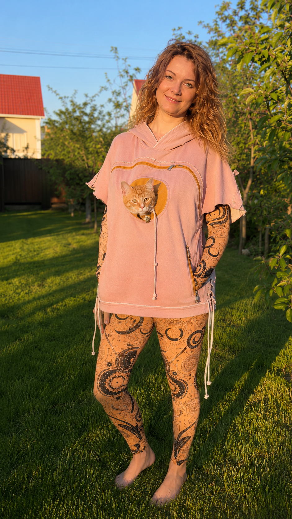 Cat Pocket Denim Hoodie & Printed Leggings Set
