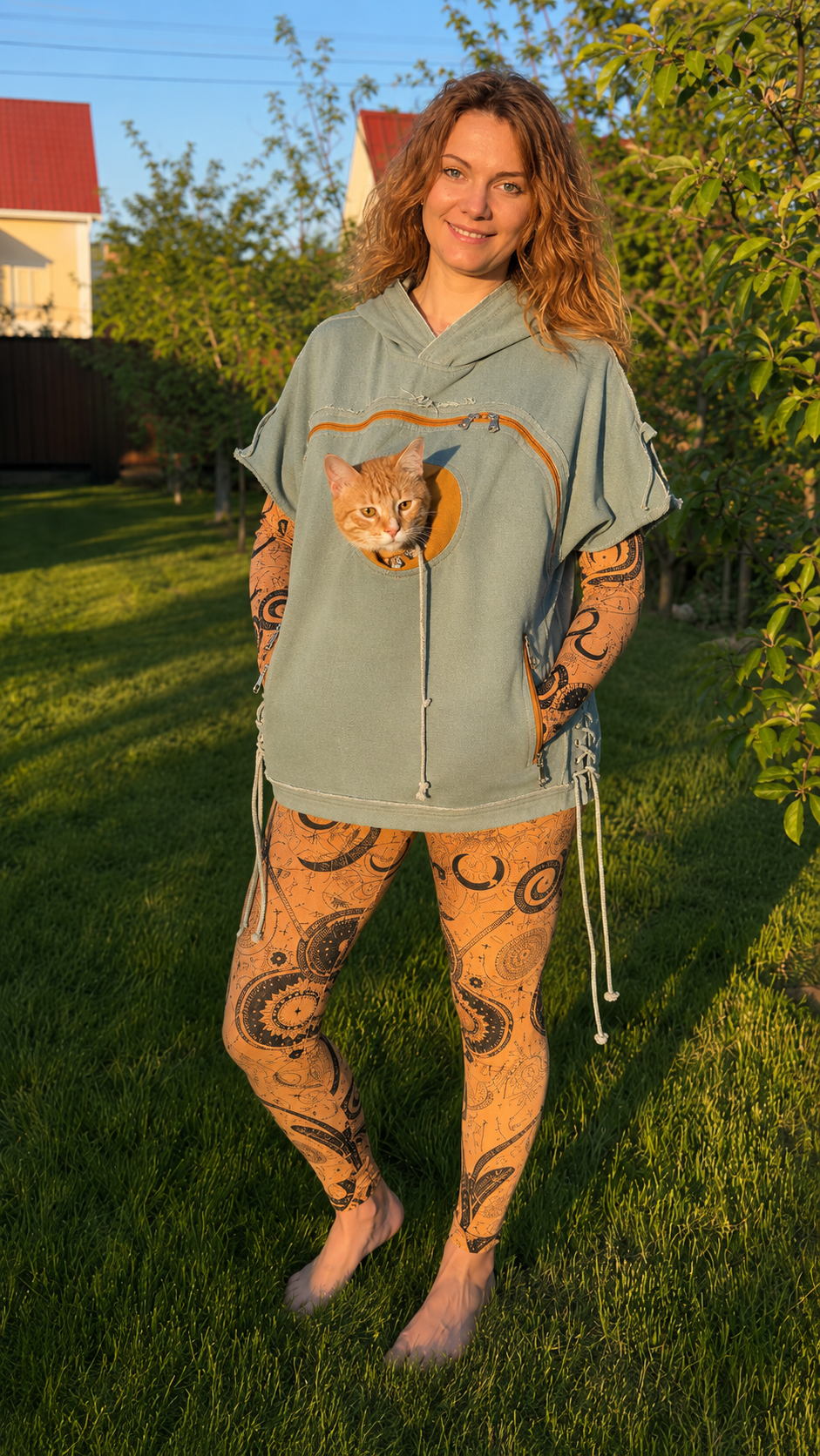 Cat Pocket Denim Hoodie & Printed Leggings Set