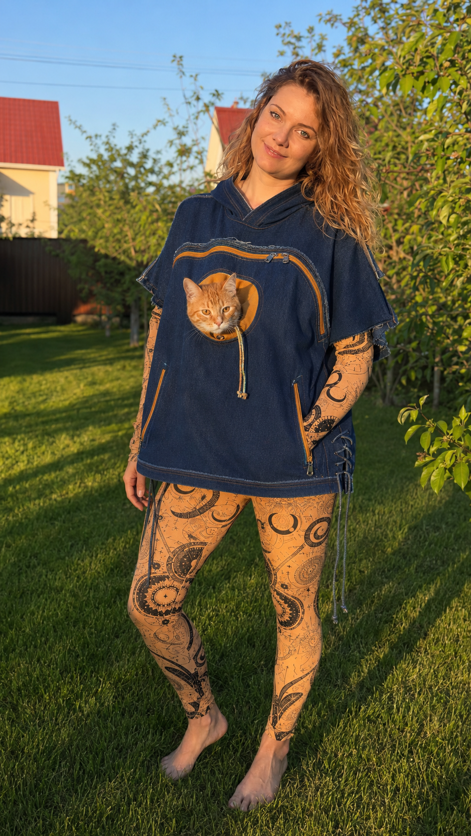 Cat Pocket Denim Hoodie & Printed Leggings Set
