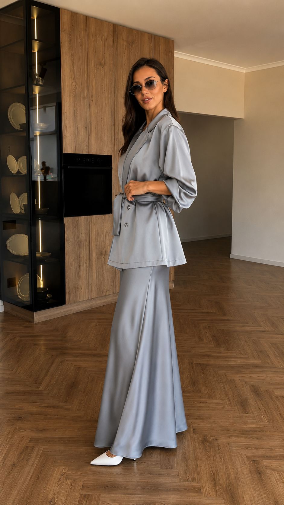 Satin Blazer Skirt Set
