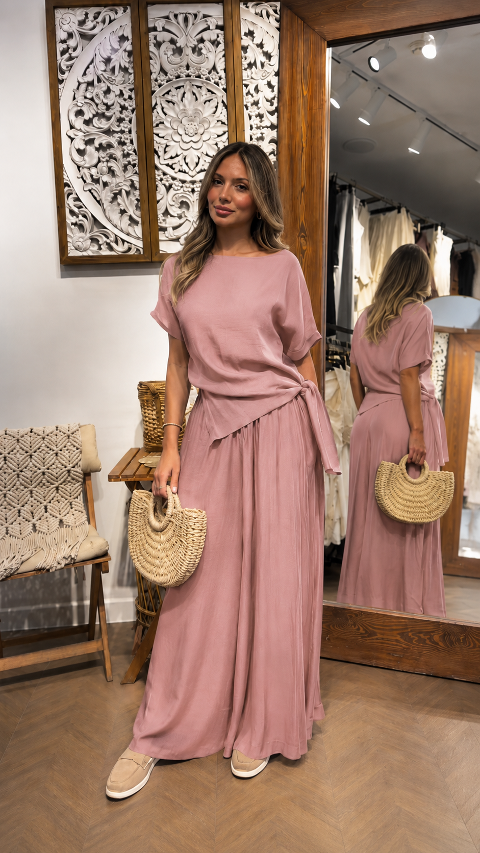 Side-Tie Satin Top & Palazzo Pants Set