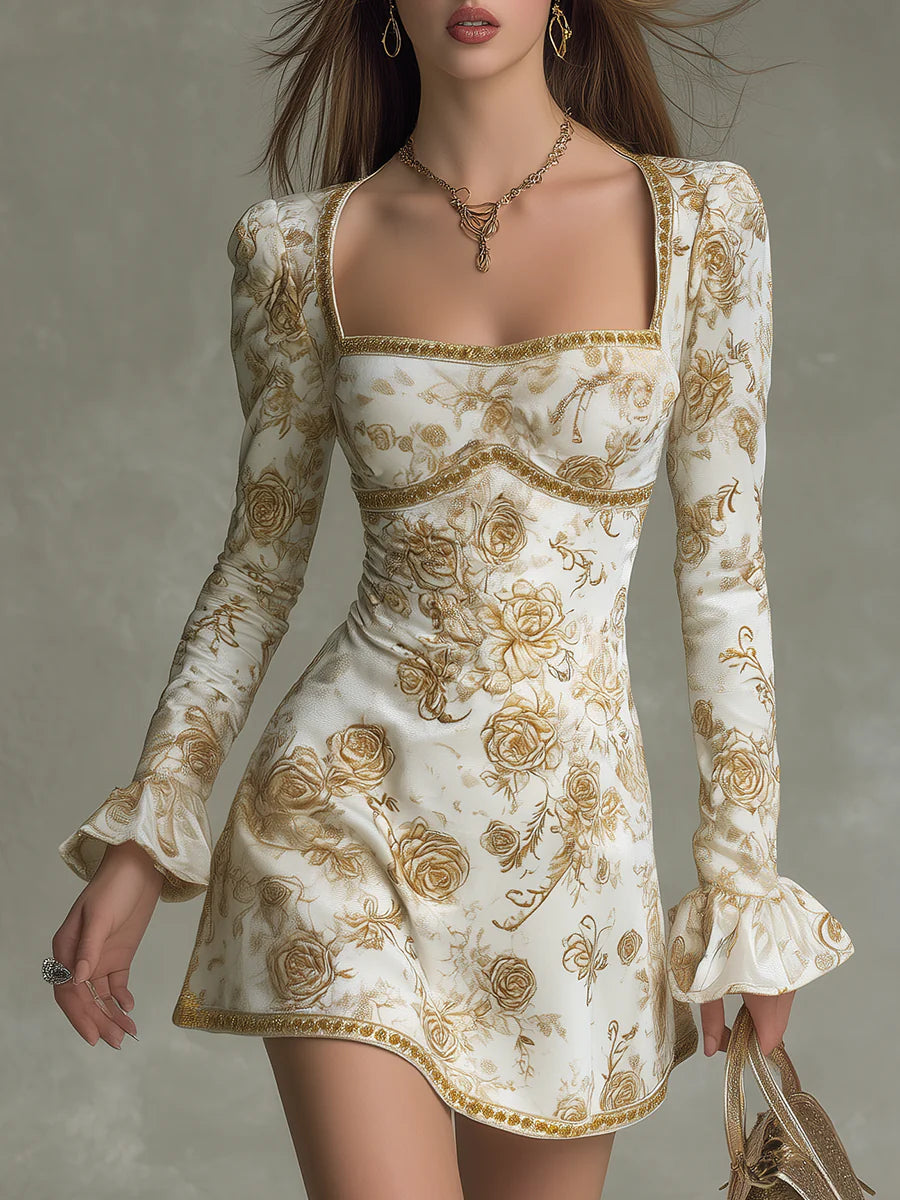 Elegant Vintage-style Rose Print Velvet Mini Dress