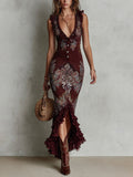 Printed Ruffled Deep V-Neck Polyester Maxi Dress
