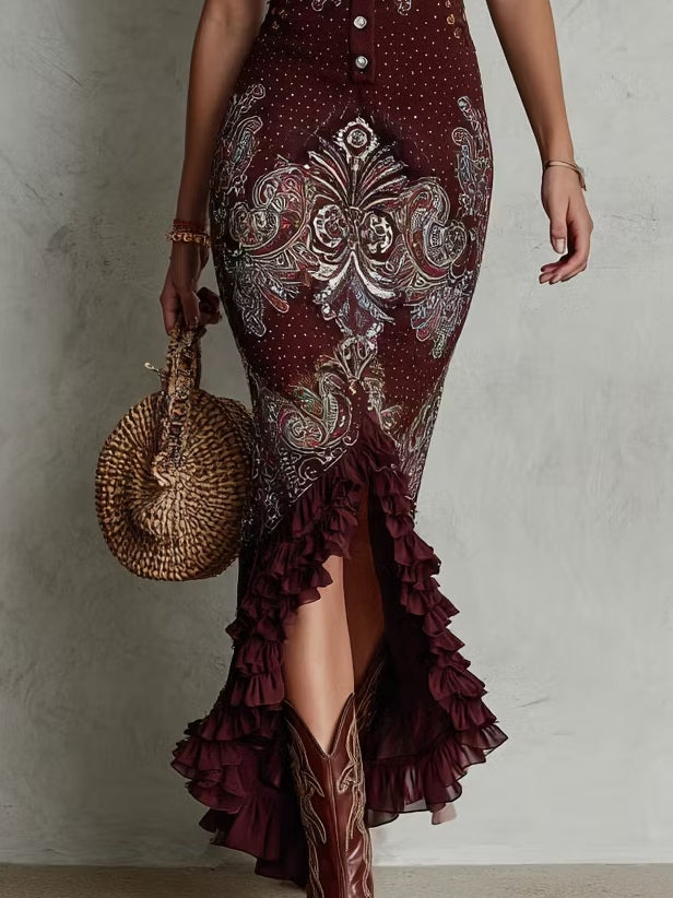 Printed Ruffled Deep V-Neck Polyester Maxi Dress
