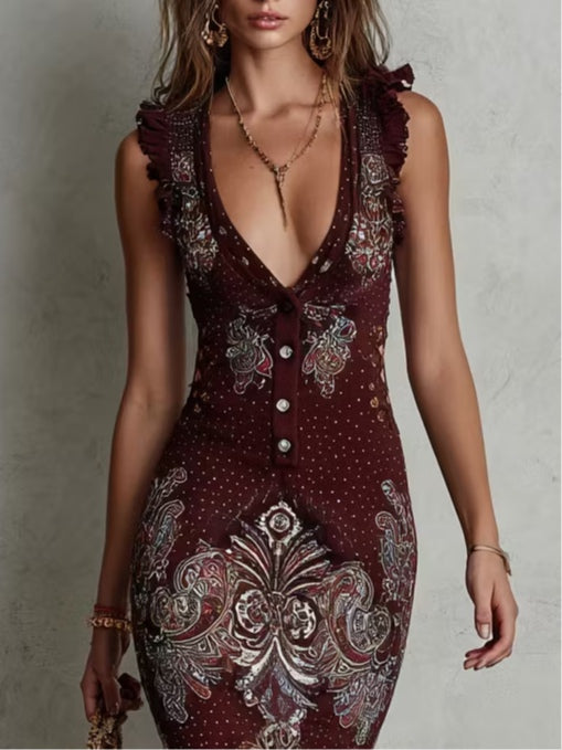 Printed Ruffled Deep V-Neck Polyester Maxi Dress