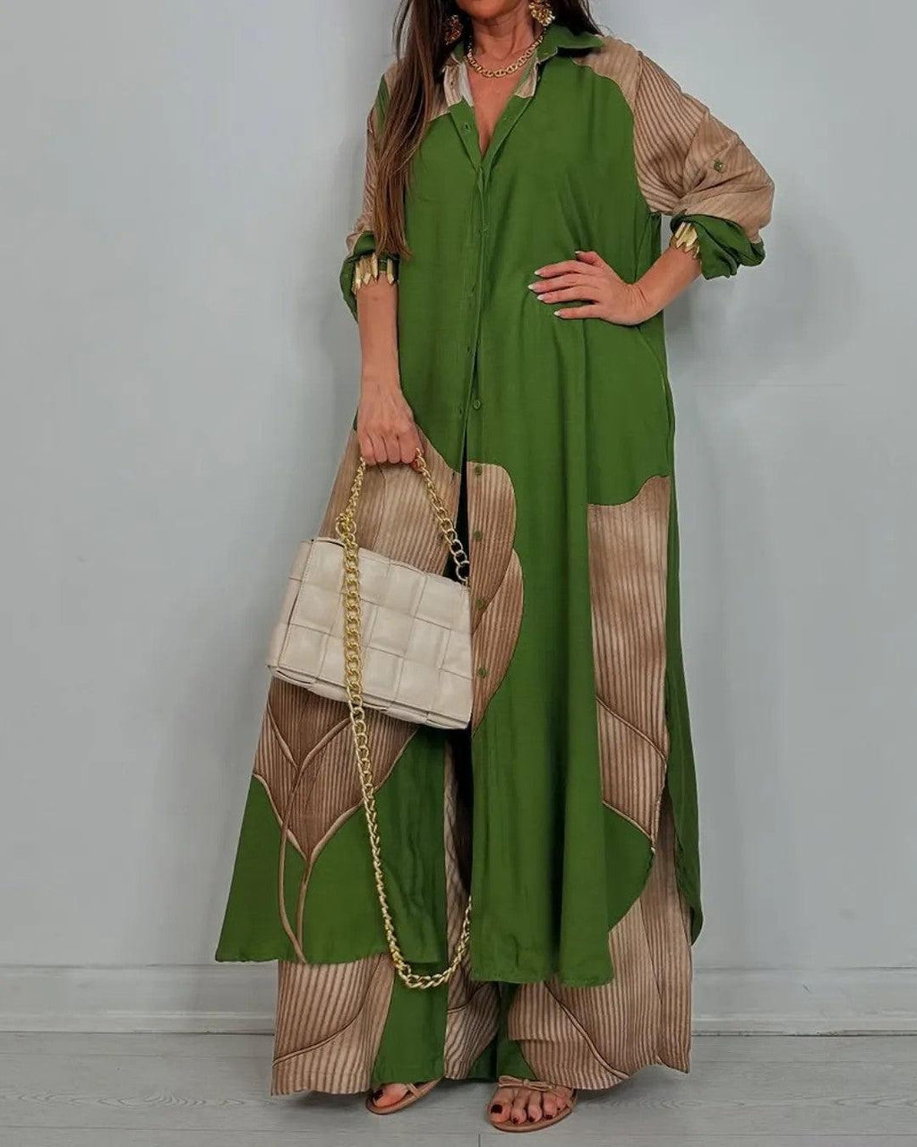 Women's V-neck Patchwork Top and Pants Casual Set