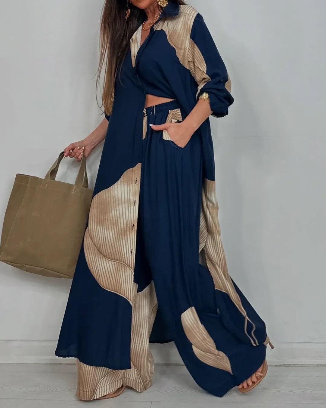 Women's V-neck Patchwork Top and Pants Casual Set