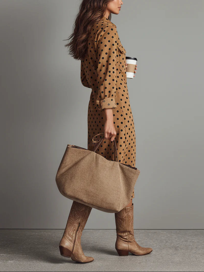 Polka Dot Faux Suede Shirt Midi Dress