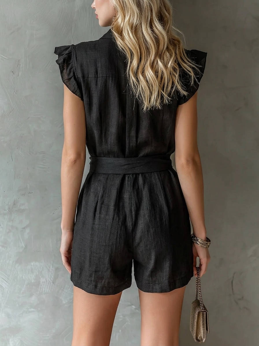 Black Collared Sleeveless Ruffled Tie-up Jumpsuit