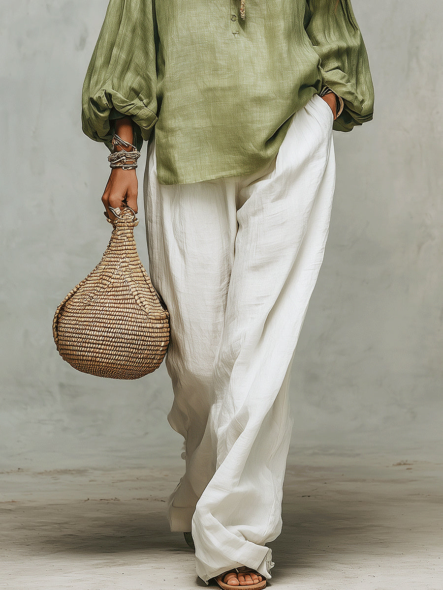Green Lantern Sleeve Shirt And Loose White Wide-leg Pants Suit
