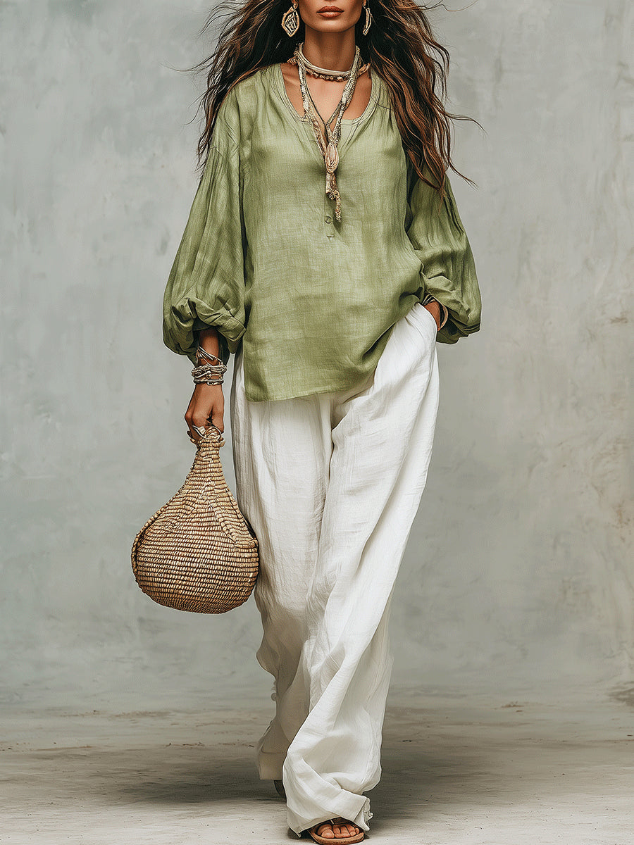 Green Lantern Sleeve Shirt And Loose White Wide-leg Pants Suit