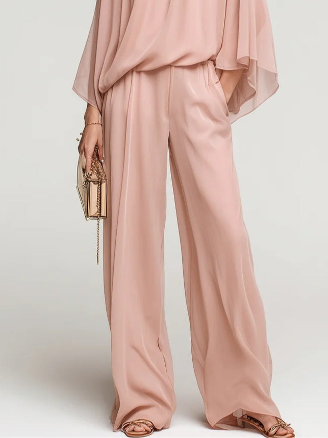 Nude Pink Chiffon Batwing Sleeve Top And Wide-leg Pants Set