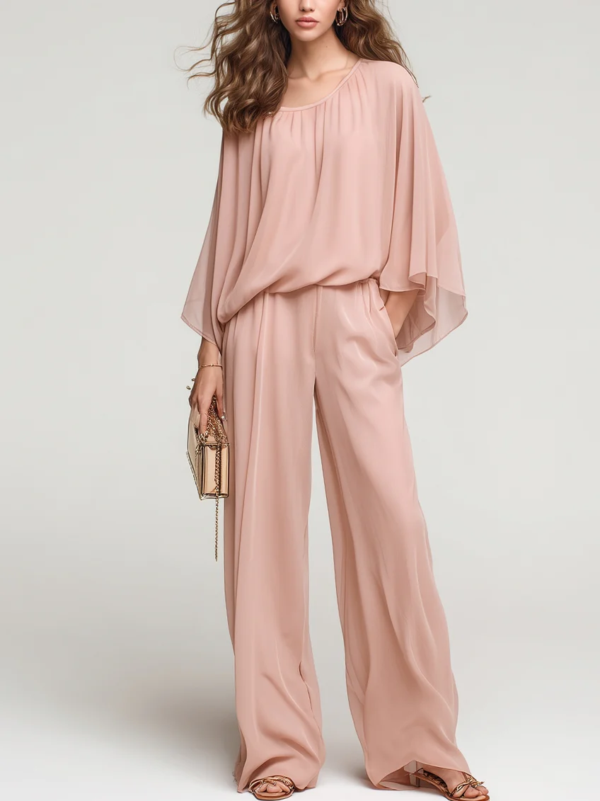Nude Pink Chiffon Batwing Sleeve Top And Wide-leg Pants Set