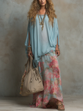 Light Blue Loose-fitting Layered Top And Floral Print Skirt Set
