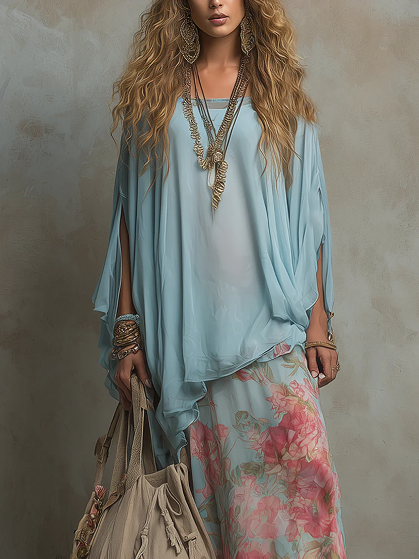 Light Blue Loose-fitting Layered Top And Floral Print Skirt Set