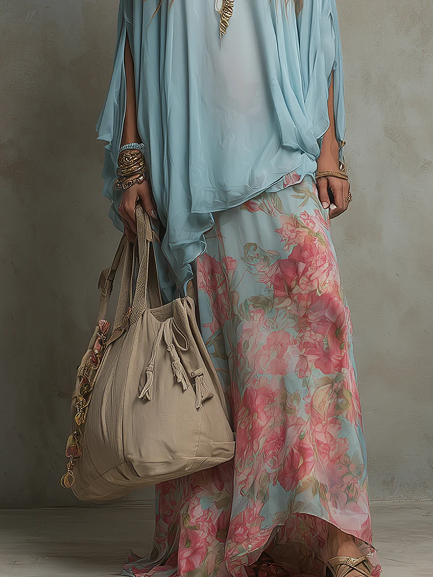 Light Blue Loose-fitting Layered Top And Floral Print Skirt Set