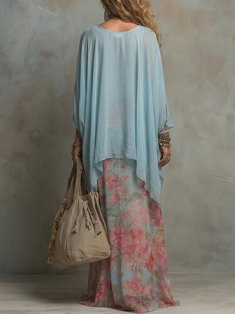 Light Blue Loose-fitting Layered Top And Floral Print Skirt Set