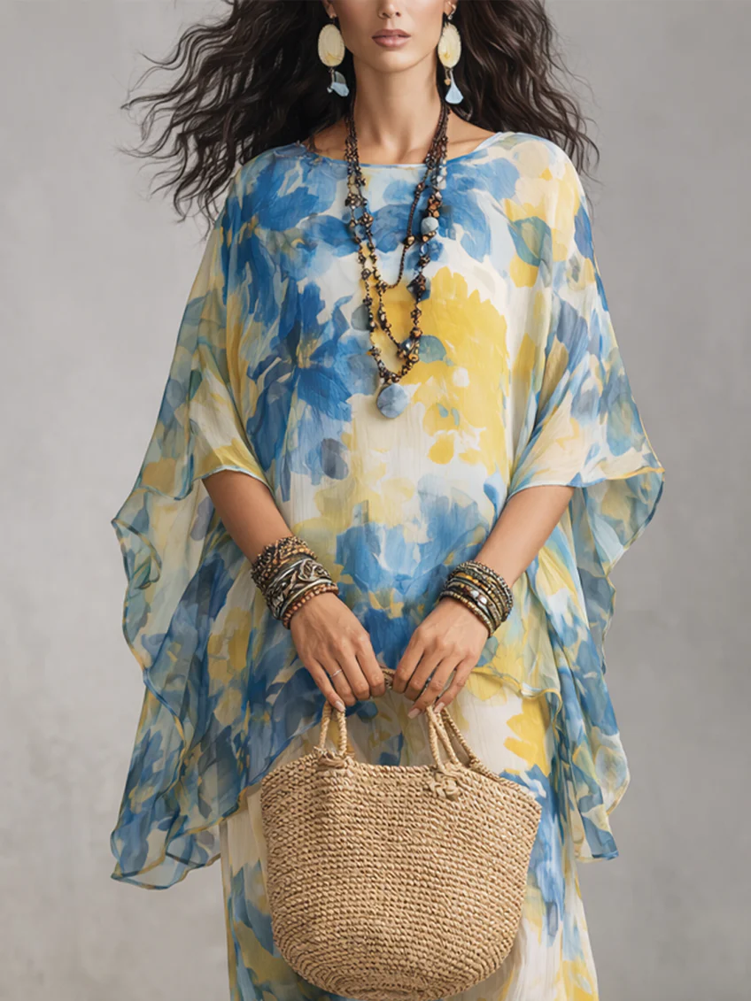 Blue And Yellow Batwing Sleeve Top And Loose Wide-leg Pants Suit