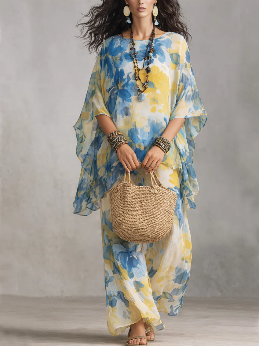Blue And Yellow Batwing Sleeve Top And Loose Wide-leg Pants Suit