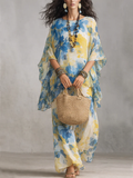 Blue And Yellow Batwing Sleeve Top And Loose Wide-leg Pants Suit