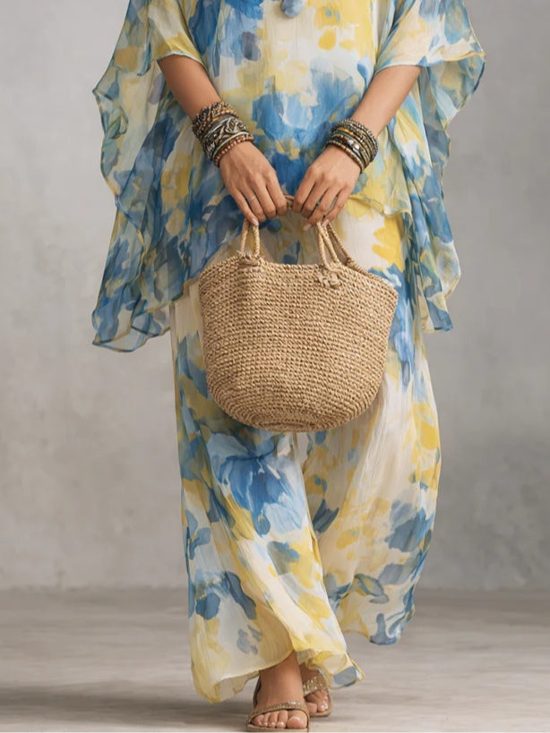 Blue And Yellow Batwing Sleeve Top And Loose Wide-leg Pants Suit