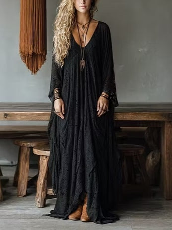 Black Lace V-neck Oversized Bohemian Maxi Dress