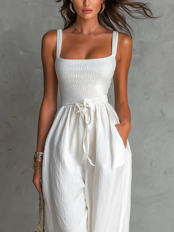 White Square Neck Sleeveless Pleated Drawstring Wide-leg Jumpsuit