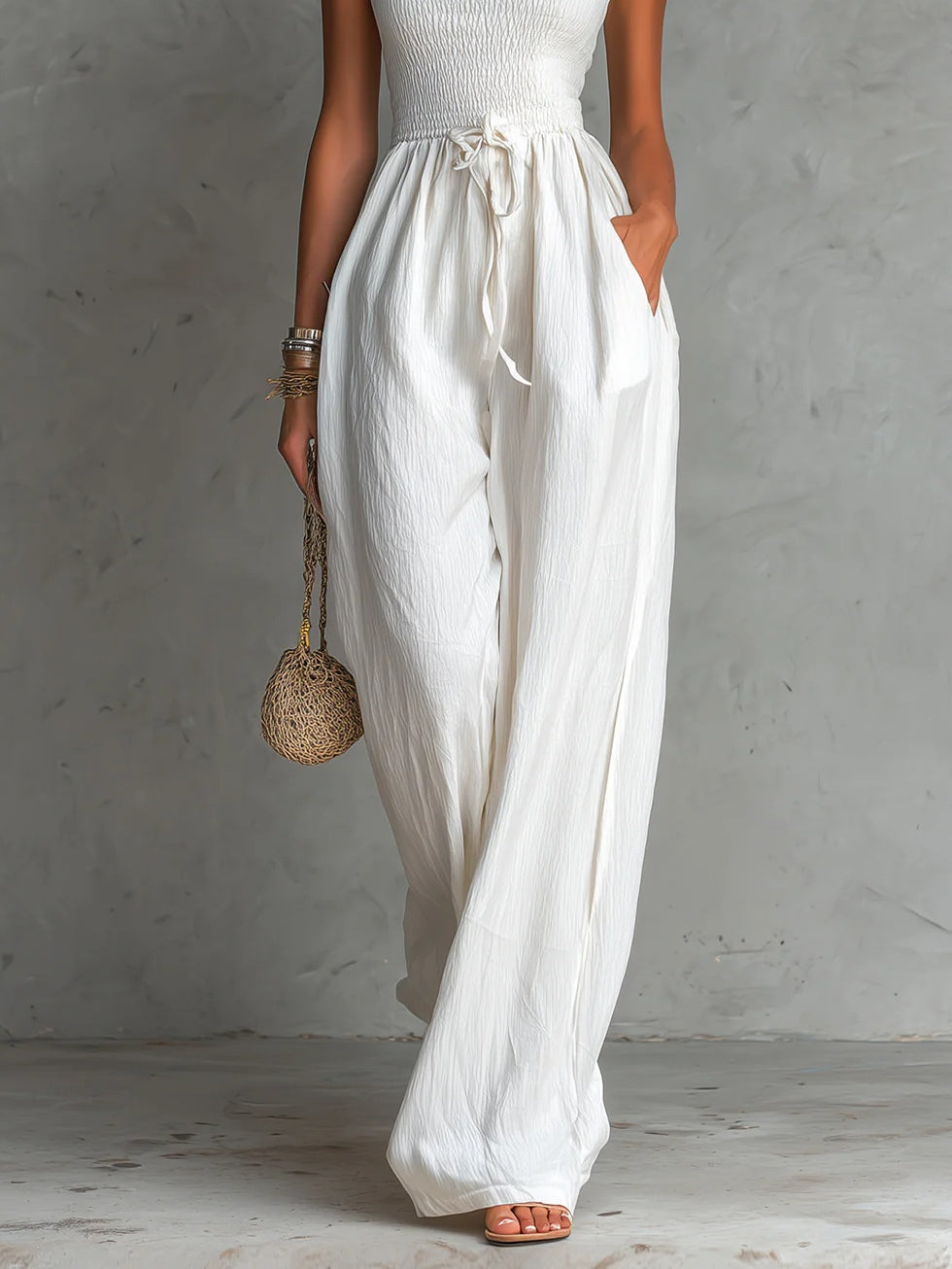 White Square Neck Sleeveless Pleated Drawstring Wide-leg Jumpsuit
