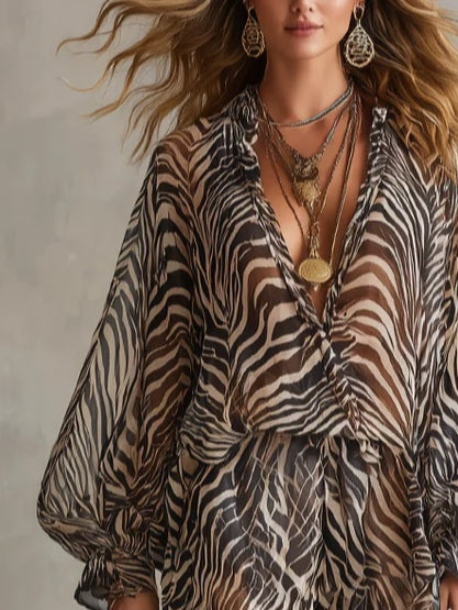 Animal Zebra Print Chiffon Lantern Sleeve Top And Shorts Set