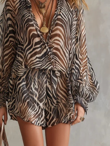 Animal Zebra Print Chiffon Lantern Sleeve Top And Shorts Set