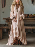 Nude Pink Deep V-neck Lantern Sleeve Ruffled Irregular Maxi Dress