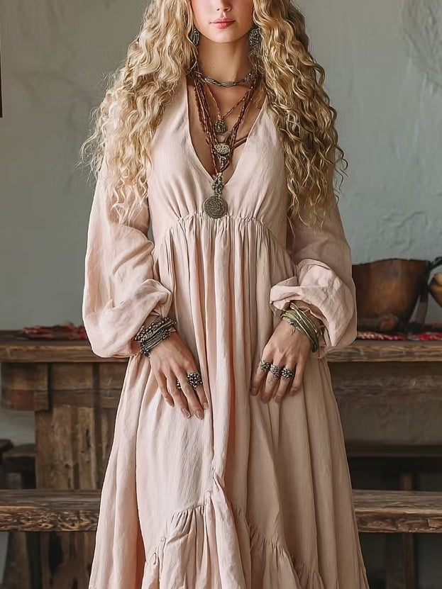 Nude Pink Deep V-neck Lantern Sleeve Ruffled Irregular Maxi Dress