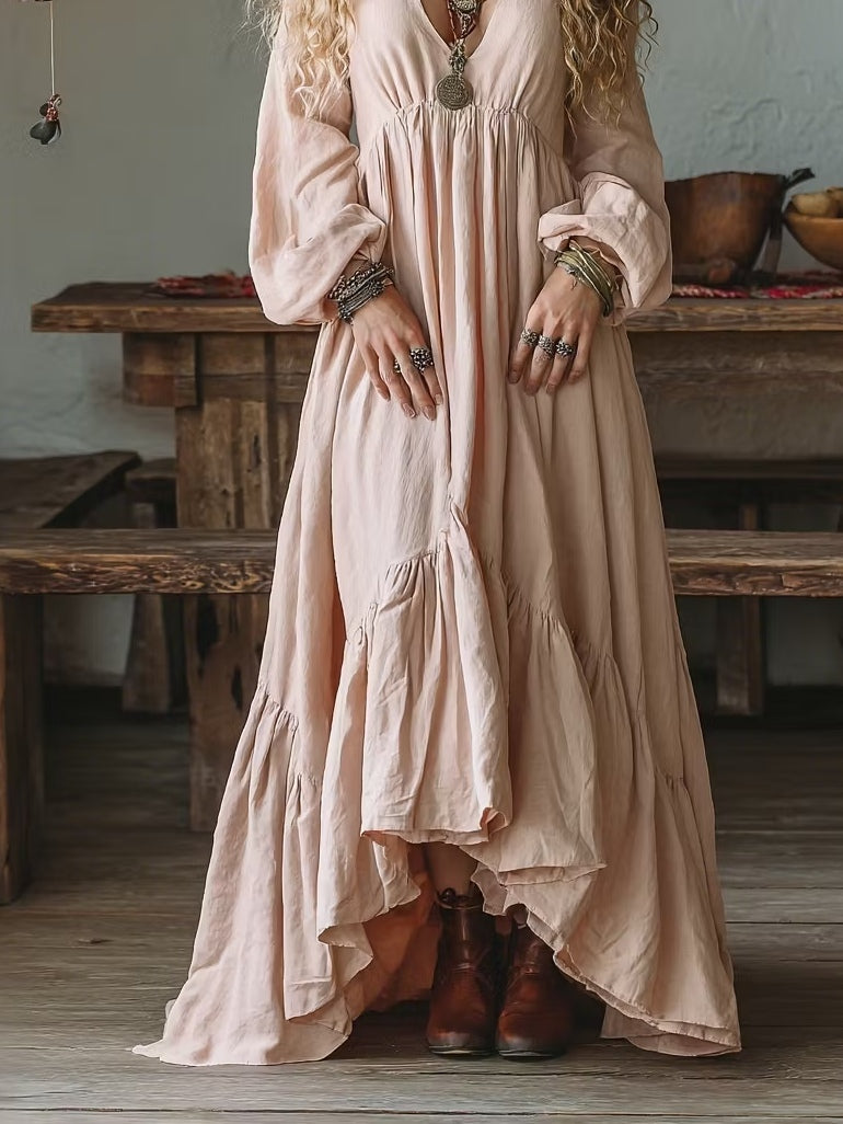 Nude Pink Deep V-neck Lantern Sleeve Ruffled Irregular Maxi Dress