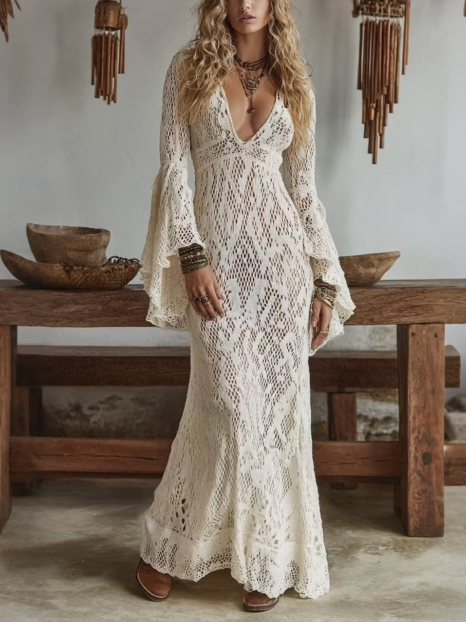 Off-white V-neck Hollowed-out Bell Sleeve Fishtail Maxi Dress