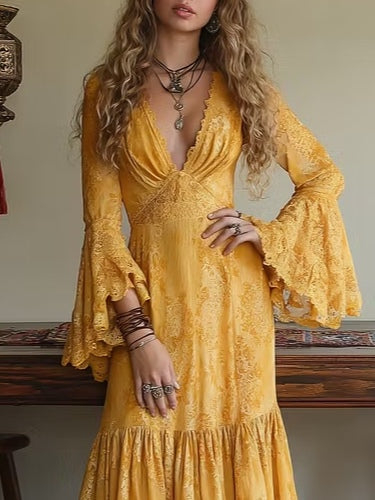 Yellow V-neck Lace Layered Bell Sleeve A-line Maxi Dress
