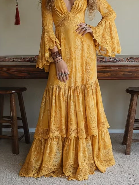 Yellow V-neck Lace Layered Bell Sleeve A-line Maxi Dress