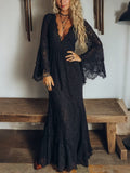 Black Sheer Lace V-neck Flared Long-sleeved Ruffle Maxi Dress