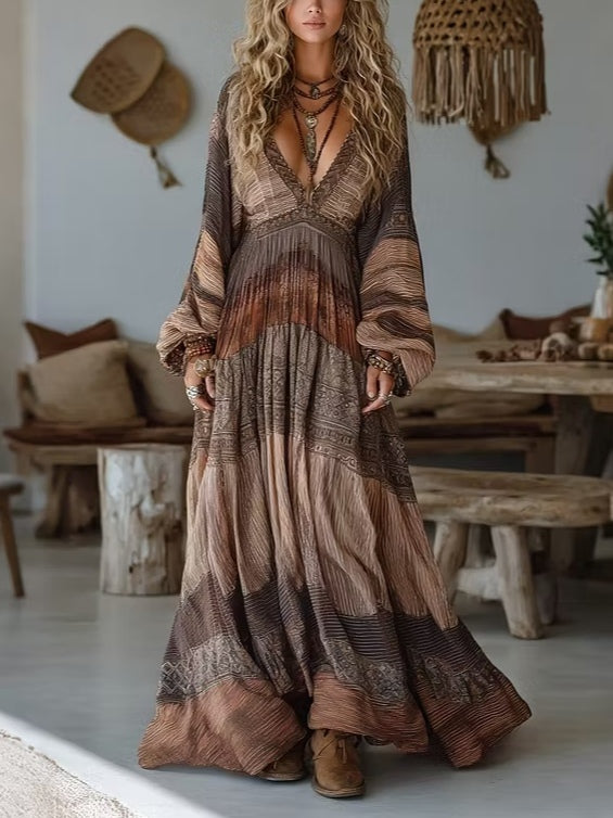 Bohemian Earth Tone Patchwork Print V-Neck Maxi Dress