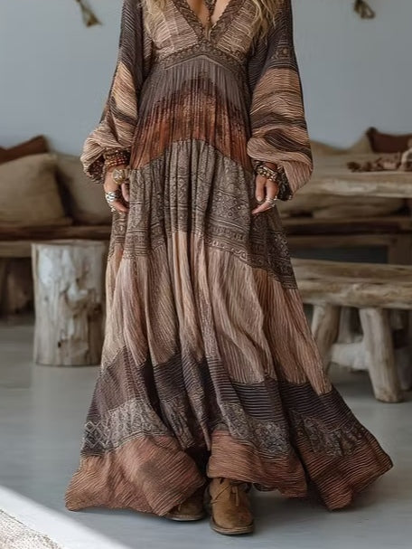Bohemian Earth Tone Patchwork Print V-Neck Maxi Dress