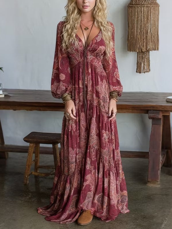 Burgundy Paisley Vintage Bohemian Maxi Dress