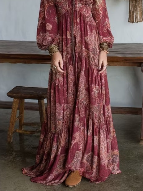 Burgundy Paisley Vintage Bohemian Maxi Dress