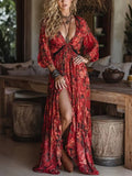 Retro Floral Print High-slit Chiffon Maxi Dress