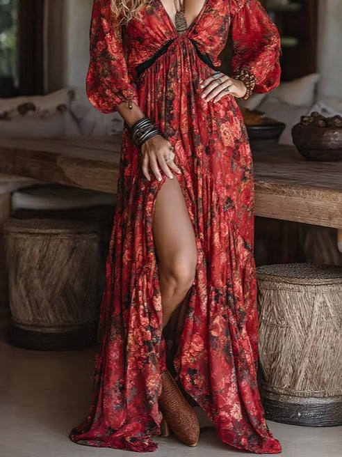Retro Floral Print High-slit Chiffon Maxi Dress