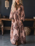 Pink Floral Print Deep V-neck Pleated Chiffon Maxi Dress