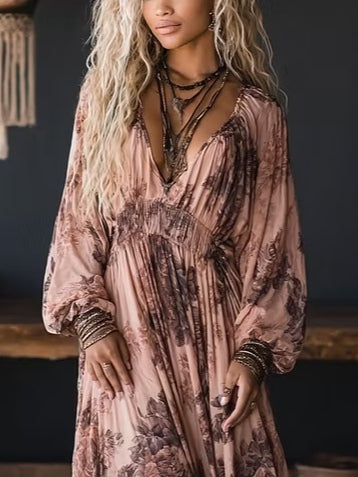 Pink Floral Print Deep V-neck Pleated Chiffon Maxi Dress