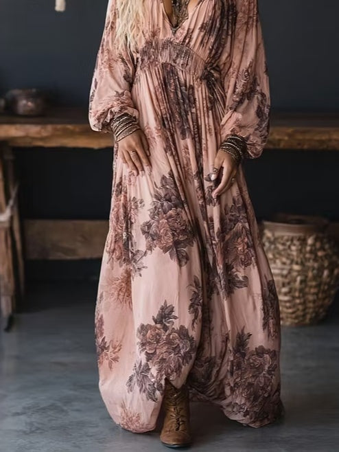 Pink Floral Print Deep V-neck Pleated Chiffon Maxi Dress