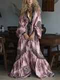 Pink Rose Paisley Print Belted Maxi Robe Dress