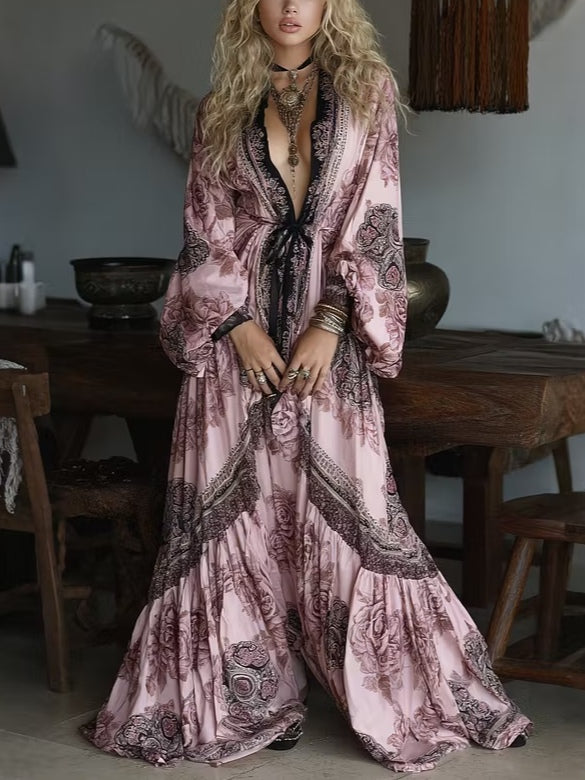Pink Rose Paisley Print Belted Maxi Robe Dress